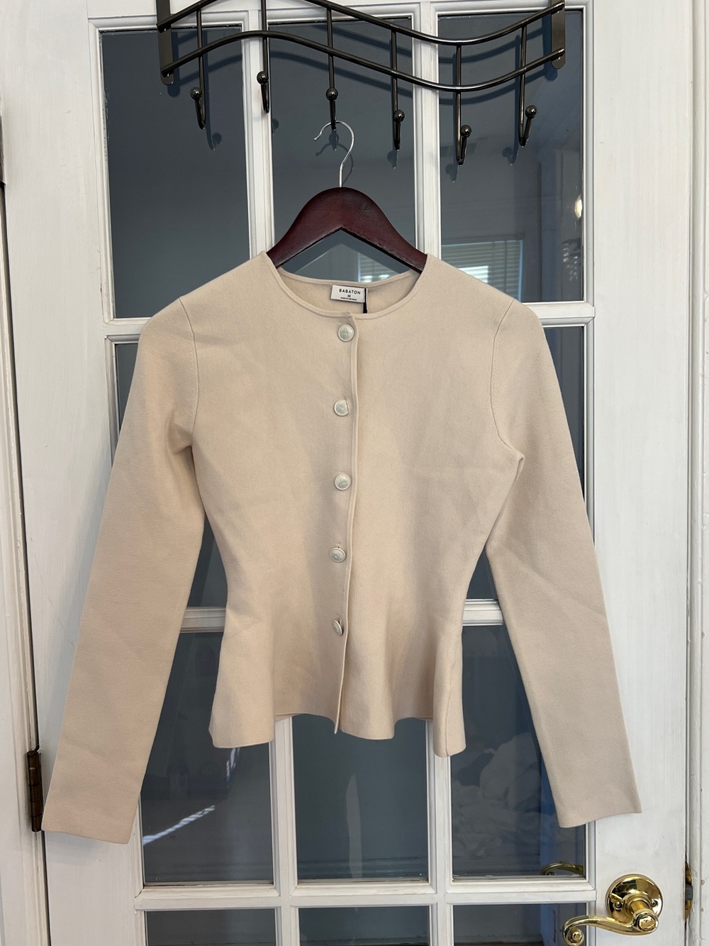 BABATON Aritzia Epitome Sweater Women’s XS Matte Pearl Peplum Cardigan NWT